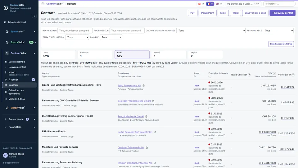 Liste des contrats ContractValor : tous les contrats actifs avec valeur annuelle, durée et prochaine échéance.