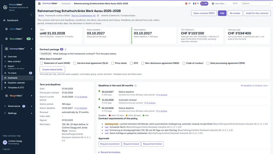 Contract in detail: every term with its source, one click shows the passage in the contract.