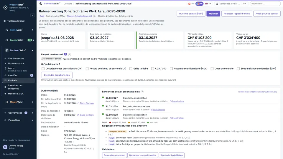 Contrat en détail : chaque condition avec sa référence, un clic montre le passage dans le contrat.
