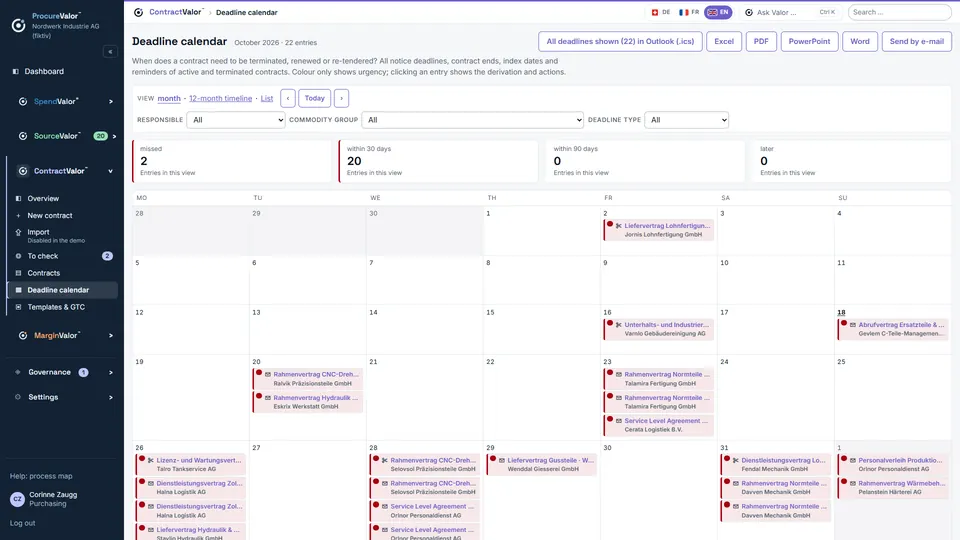 Deadline calendar: notice and renewal dates of the month, also as an Outlook appointment.