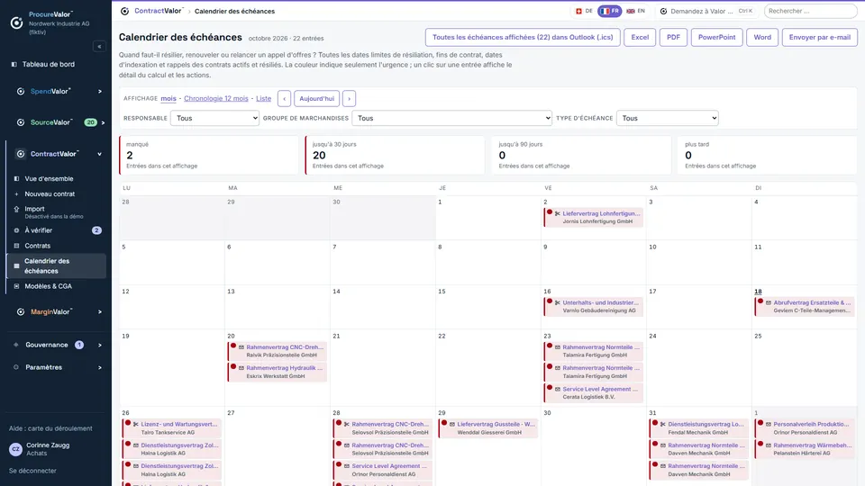 Calendrier des échéances : résiliations et prolongations du mois, aussi comme rendez-vous Outlook.